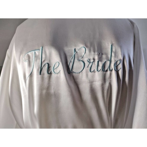 Satiny Bridal Robe With Tie Wrap Blue Trim Donatella (Medium) - Picture 3 of 4